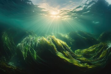 Poster - Sunbeams illuminate an underwater kelp forest, creating a mesmerizing, ethereal seascape.