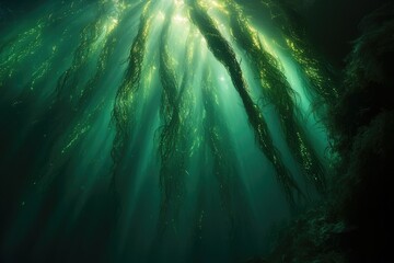 Poster - Sunbeams illuminate a lush underwater kelp forest, creating a mesmerizing scene of vibrant green seaweed.