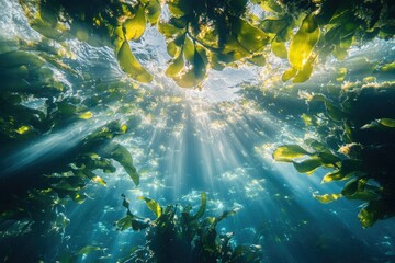 Poster - Sunbeams illuminate an underwater kelp forest, showcasing vibrant green leaves and a serene, magical atmosphere.