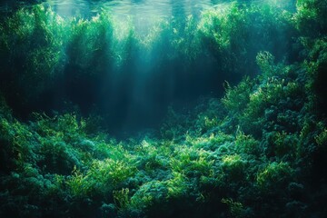 Aufkleber - Sunlight penetrates a lush underwater scene, revealing vibrant green aquatic plants and a tranquil seabed.
