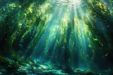 Poster - Sunbeams illuminate a lush underwater kelp forest, creating a magical, serene underwater scene.