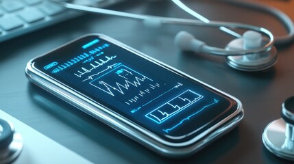 Poster - A futuristic portable ECG device with wireless monitoring capabilities, set on a clinical desk.