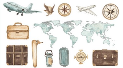 Travel themed stickers featuring luggage, airplanes, and globes for adventurous journeys and explorations around the world. Generative AI