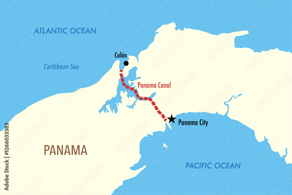 Vector Map of the Panama Canal Route from the Atlantic to the Pacific Ocean