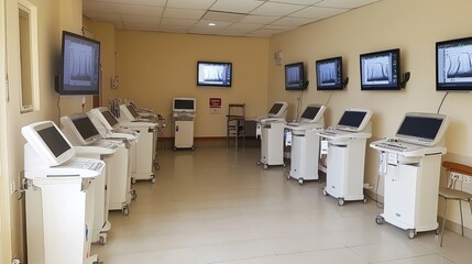 Poster - A hospital ward equipped with multiple ultrasound systems for various diagnostic procedures.