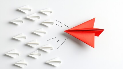 Leinwandbilder - Creative red paper plane leading white planes represents business strategy and innovation in a dynamic approach to success. Generative AI