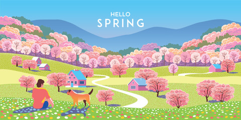 hello, spring! springtime's poster or banner. vector illustration of nature, landscape, sakura or ch