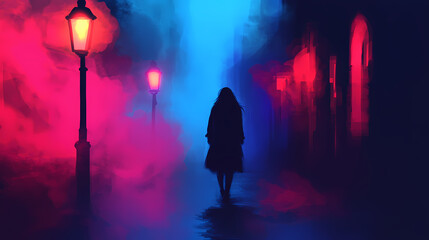 Wall Mural - Dark foggy alleys neon lights bleeding through mist with lone woman walking away from dimly lit street lamps mysterious shadows. Haunted Neon Streets. Illustration