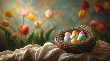 Brightly colored Easter eggs in a nest among blooming tulips during springtime