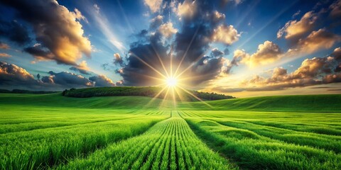 Wall Mural - Radiant Green Landscape: Square Format with Bright Sun Rays