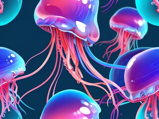 Wall Mural - Neon Jellyfish Underwater Symphony: A vibrant digital art of bioluminescent jellyfish in a deep ocean setting, showcasing their translucent bodies and glowing tentacles.