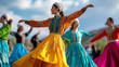 © Topuria Design - Female dancers wearing vibrant traditional dresses performing synchronized folk dance, gracefully twirling and celebrating turkish cultural heritage
