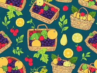 Wall Mural - Vibrant Fruit Baskets Pattern: A Delightful Summer Design