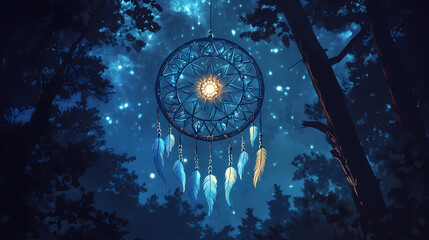 Wall Mural - Pixel art dream catcher with warm light hangs in a dark blue night sky, illuminated by stars and surrounded by trees. mystic and serene atmosphere. Owl-Like Watchers. Illustration