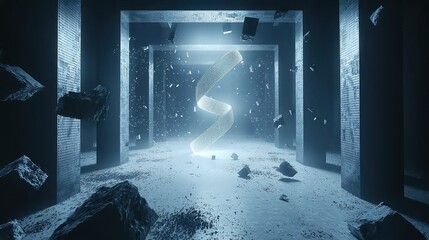 Poster - Abstract ribbon floats in a grungy hall with debris for product backdrop usage