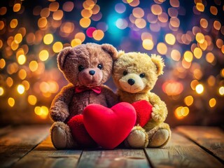 Wall Mural - Romantic Valentine's Day Teddy Bears with Hearts - Low Light Photography