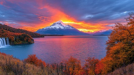 Wall Mural - Autumn sunset over lake, snow mountain background in Chile for travel, vacation