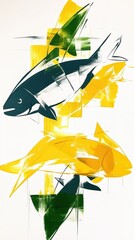 Poster - Abstract painting featuring two fish, one dark and one yellow, depicted with dynamic brushstrokes of yellow, green, and white, creating a sense of motion and aquatic life
