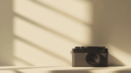 Aufkleber - Classic camera resting on a surface with soft shadows and warm light creating a tranquil atmosphere. Generative AI