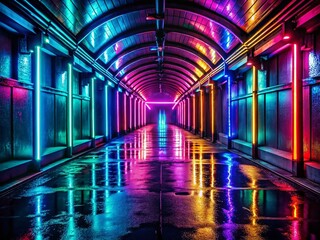 Aufkleber - Sci-Fi Neon Glowing Lamps Silhouette in Dark Tunnel with Reflections - Stock Photo