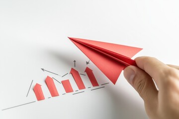 Fototapete - Red paper plane highlights business strategy and innovation for success on white background. Generative AI