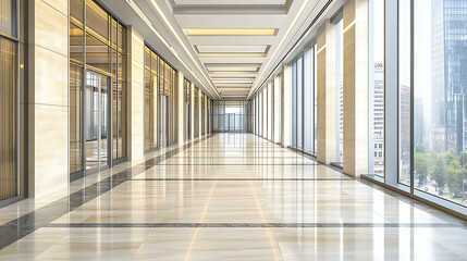 Wall Mural - Long, bright hallway with large windows reflecting city views and polished stone flooring.