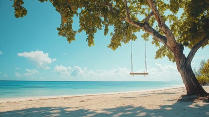 Wall Mural - serene beach scene with a swing hanging from a tree overlooking the calm ocean waves.