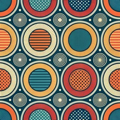 Wall Mural - Different Circles with Hatching Seamless Pattern Trend Cool Retro Abstract Background. 60s 70s Style Graphic Design Textile Print Repetitive Wallpaper. Striped Halftone Art Continuous Abstraction 
