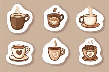 Aufkleber - Creative style stickers featuring various coffee cups, beans, and steaming drink designs suitable for any coffee lover. Generative AI