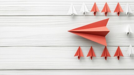 Fototapete - Creative red paper plane leading white planes symbolizes business strategy and innovation for successful solutions. Generative AI