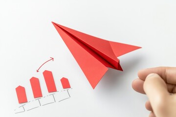 Leinwandbilder - Innovative strategies for business growth illustrated by a red paper plane and upward graph on a clean background. Generative AI