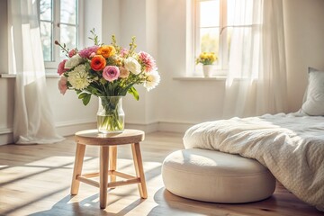 Wall Mural - Serene White Bedroom Still Life: Flowers, Wooden Stool & Pouf