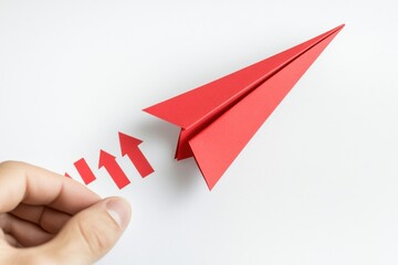 Fototapete - Red paper plane representing innovation and strategy for business success on white background with copy space. Generative AI