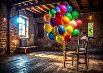 Wall Mural - Silhouetted Balloons Floating in a Rustic Room - Vintage Interior Decor Stock Photo