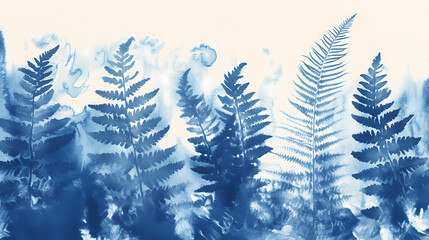 Wall Mural - Cyanotype sun print on textured watercolor paper, deep blues and whites, style alternative. fern leaves, creating a mesmerizing blue and white abstract background. Aether-Filled Caverns. Illustration