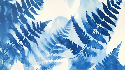 Wall Mural - Cyanotype sun print on textured watercolor paper, deep blues and whites, style alternative. fern leaves, creating a mesmerizing blue and white abstract background. Aether-Filled Caverns. Illustration