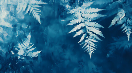 Wall Mural - Cyanotype sun print on textured watercolor paper, deep blues and whites, style alternative. fern leaves, creating a mesmerizing blue and white abstract background. Aether-Filled Caverns. Illustration