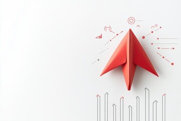 Fototapete - Red paper plane symbolizing business strategy on white background for innovative success solutions. Generative AI