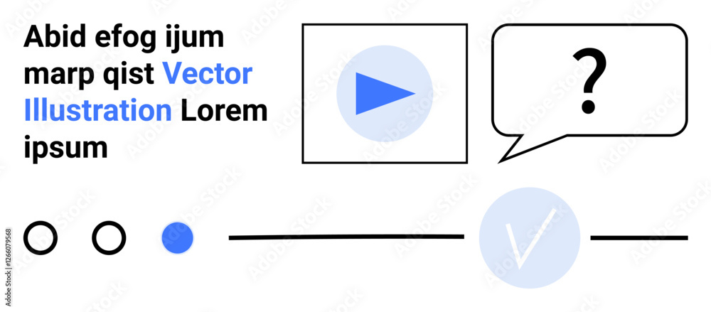 Play button in a square, speech bubble with question mark, text block ...