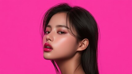 Wall Mural - Asian female with glossy pink makeup and dark hair against solid pink background