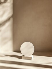 Leinwandbilder - Minimalist circular sculpture casting shadows in warm light on a sandy background in an art gallery space. Generative AI
