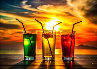 Wall Mural - Silhouette of Three Colorful Drinks with Straws - Sunset Backlight