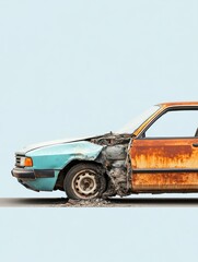 Poster - Comparison of a dented, rusted car with a perfectly repaired vehicle showcasing contrasting vehicle conditions. Generative AI