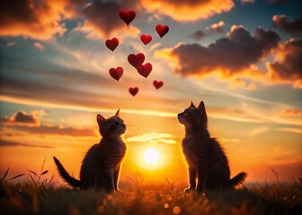 Naklejka na meble Silhouette of Two Kittens Gazing at Floating Red Hearts - Cute Pet Stock Photo