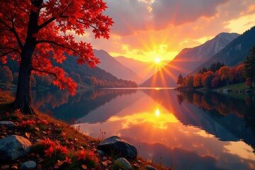 Wall Mural - Blazing orange sunset reflects on calm Hintersee; vibrant fall foliage , scenic, landscape, water