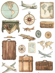 Poster - Travel themed stickers featuring maps, compasses, and vintage luggage for creative projects and decorations. Generative AI