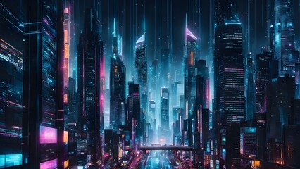Wall Mural - Futuristic cyberpunk cityscape at night with vibrant neon lights and digital rain, showcasing towering skyscrapers and glowing advertisements.
