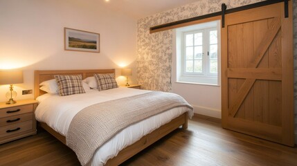 Wall Mural - Cozy bedroom featuring a wooden bed, soft lighting, and floral wallpaper in a serene environment