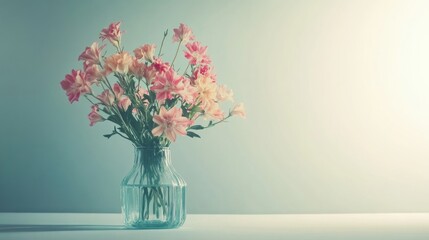 Leinwandbilder - Vibrant arrangement of pink flowers in a clear glass vase on a neutral background during soft morning light. Generative AI