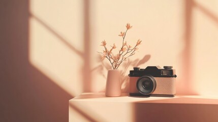 Wall Mural - Old camera and flower arrangement in soft light by the window on a serene afternoon. Generative AI